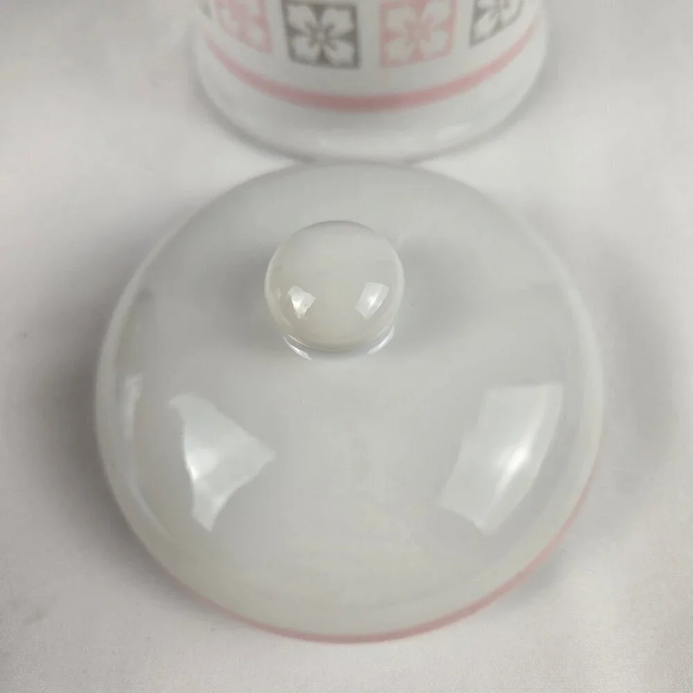 Vintage Porcelain Apothecary Jar White Pink Gray Pattern with Pink Stripe Accent